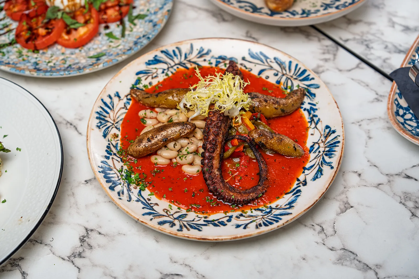 Grilled octopus over white beans and fingerling potatoes in tomato sauce, topped with frisee
